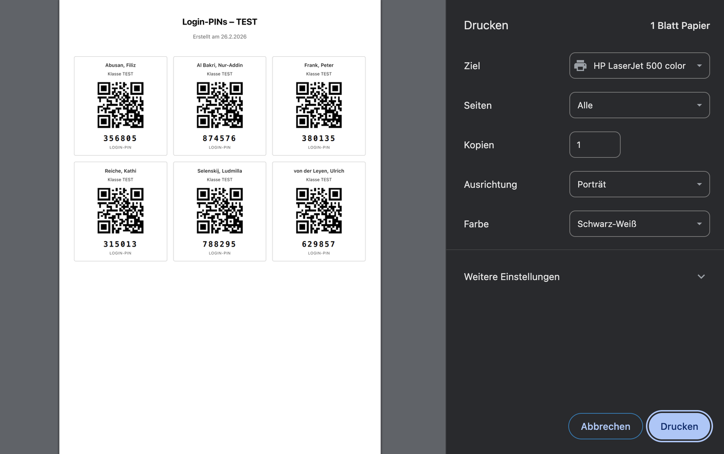 Druckansicht der Login-PIN-Kärtchen: pro Person Name, Klasse, QR-Code und PIN (Testdaten)