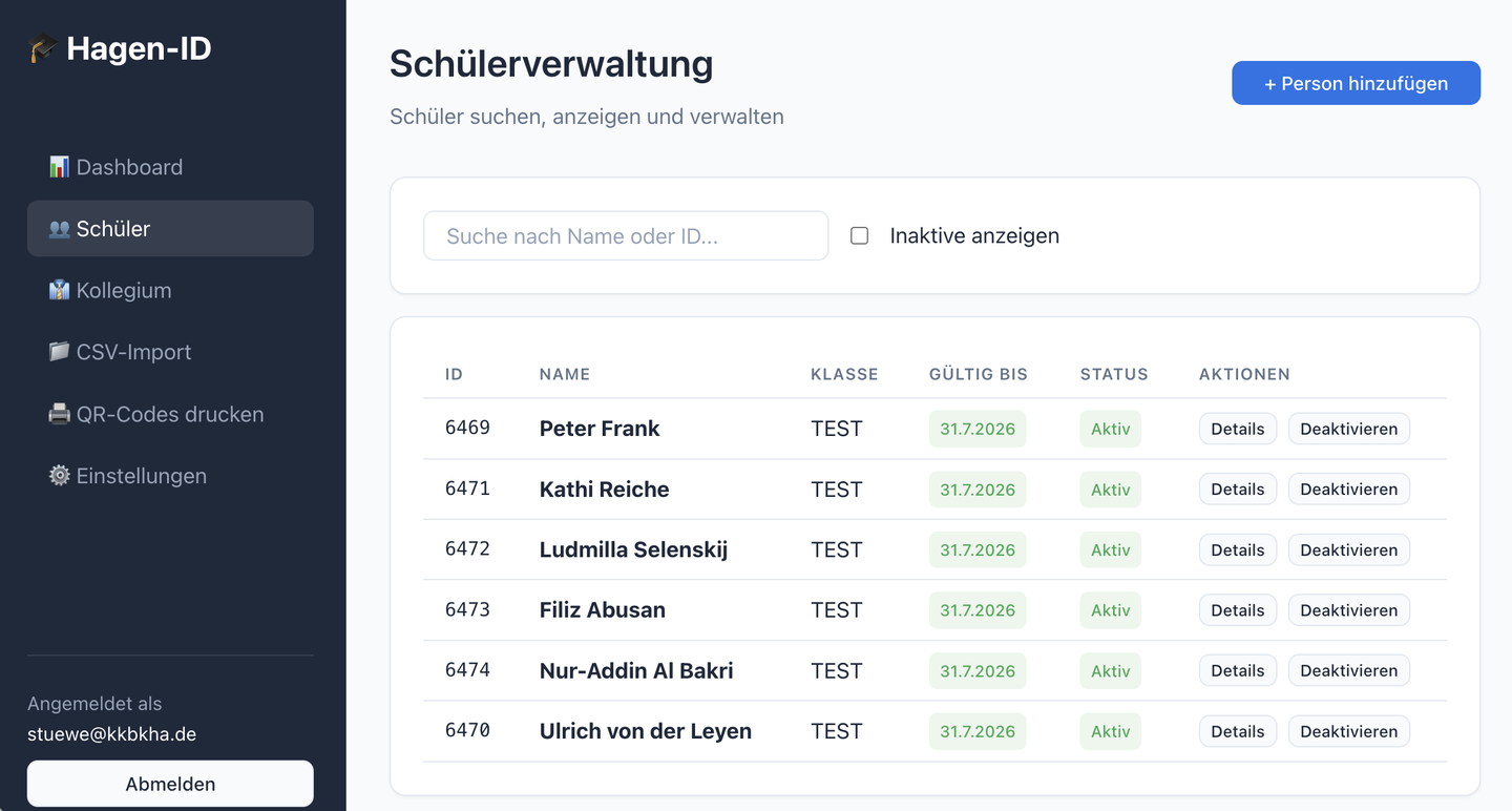 Admin-Dashboard: Schülerverwaltung mit Suchfeld, Klassen, Gültigkeit und Status (Testdaten)