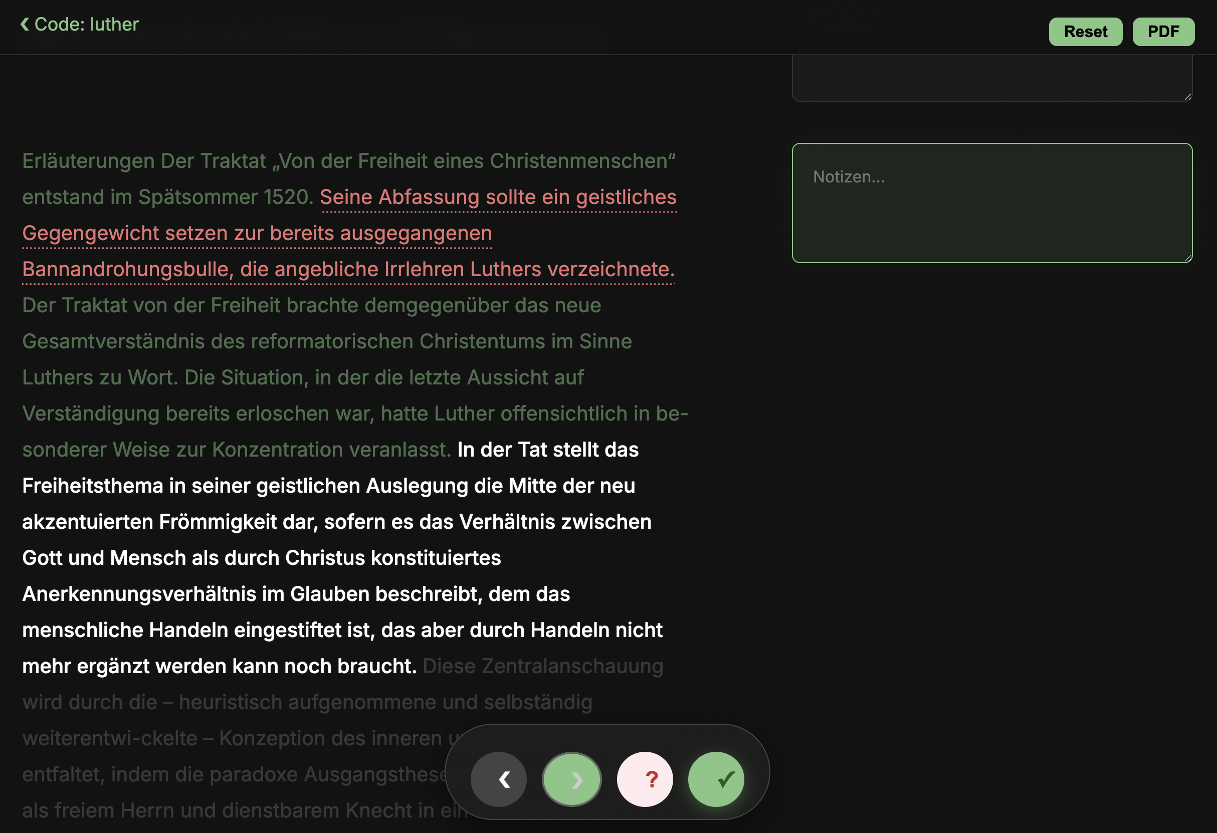 NODIS-Reader: Text mit grün (verstanden) und rot (unklar) markierten Sätzen