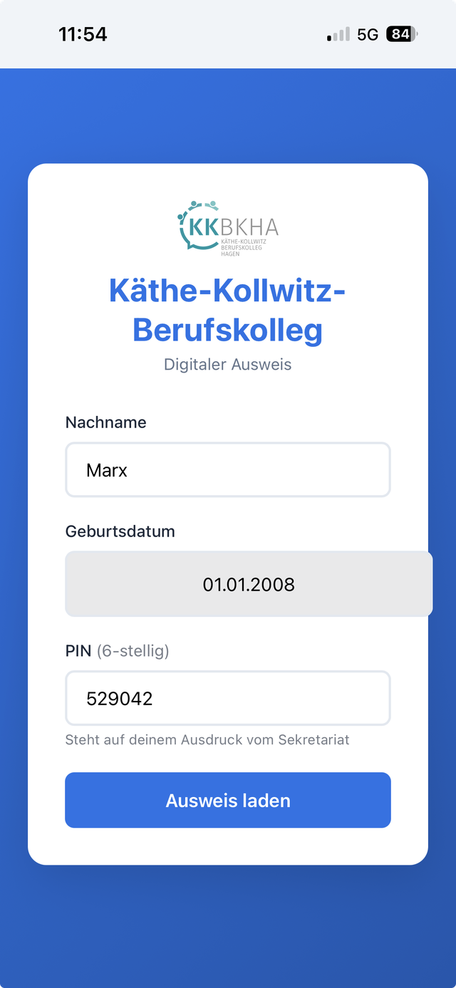 Login-Bildschirm der PWA: Nachname, Geburtsdatum und 6-stellige PIN