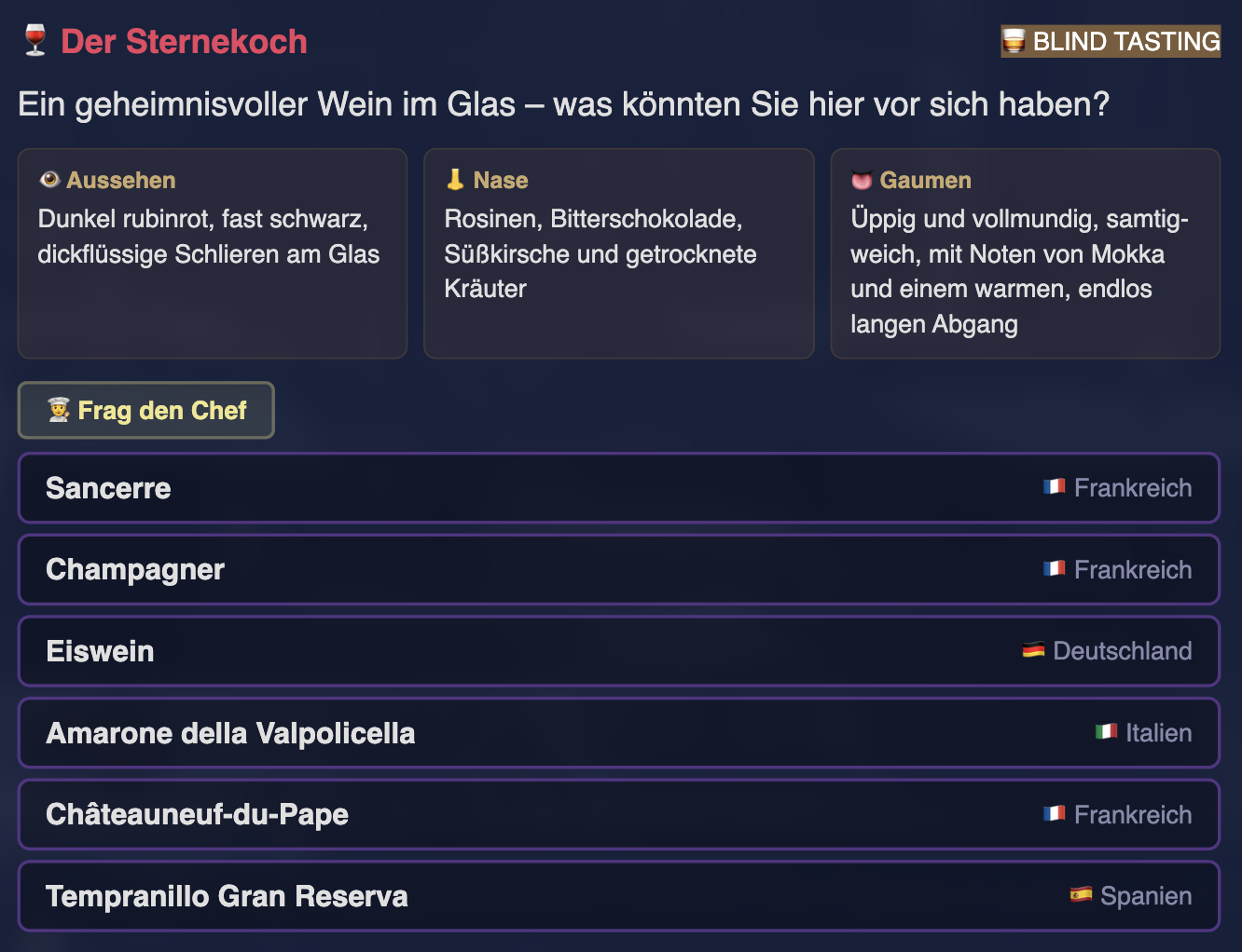Fragetyp: Blindtasting — Wein anhand von Farbe, Nase und Gaumen erkennen