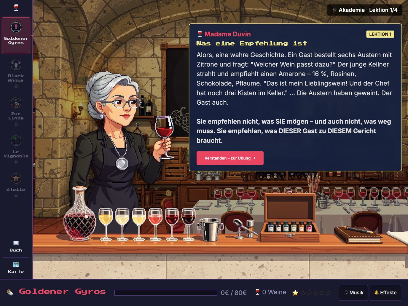 Madame Duvin erzählt in der ersten Akademie-Lektion die Geschichte vom Amarone zu Austern