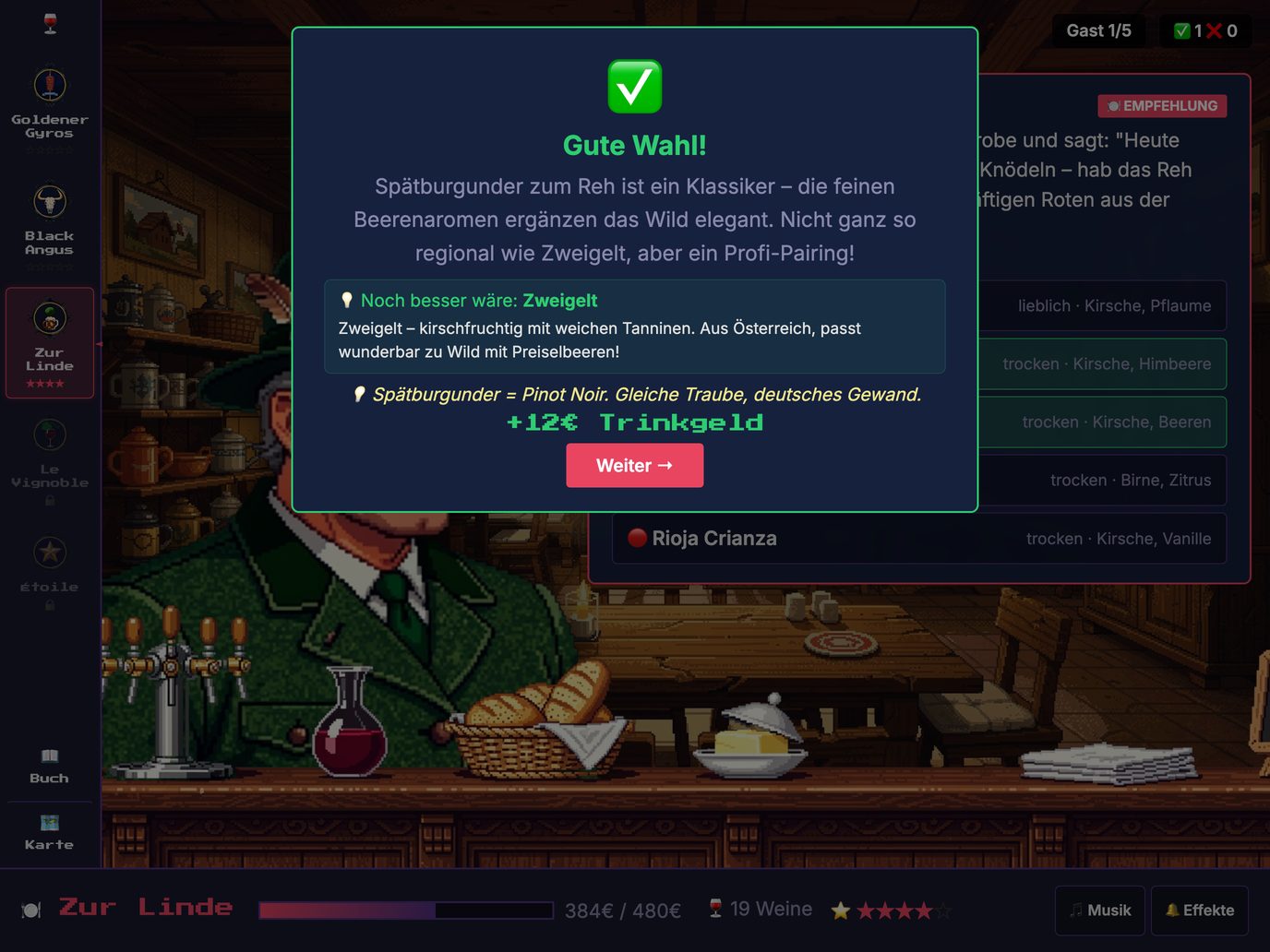Feedback nach einer richtigen Antwort mit dem Hinweis, welcher Wein noch besser gepasst hätte