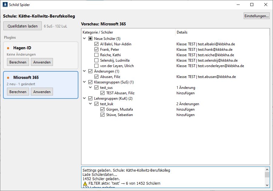 Screenshot: Hauptfenster von Schild Spider mit aktivem Diff